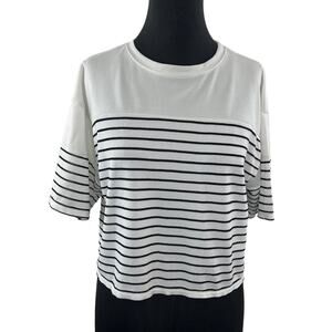 JeanAsis White & Black Stripe Knit Boxy Short Slv Crop Crew Top T-Shirt M JAPAN